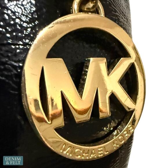 Michael Kors Black Patent Leather Tote Bag Gold Chain Shoulder Straps Large - Picture 10 of 13